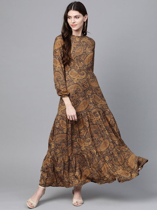 Women's Brown Paisley Tiered Maxi