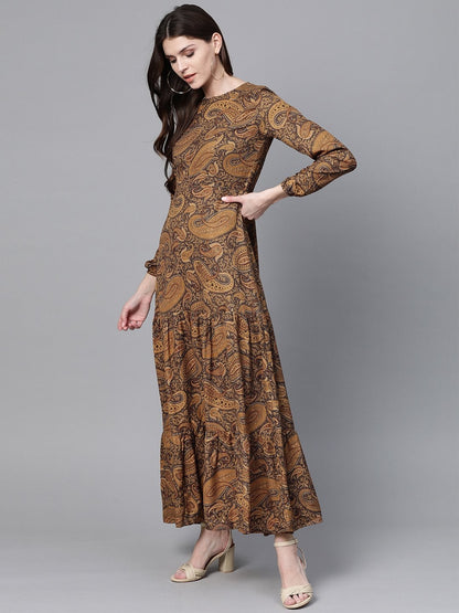 Women's Brown Paisley Tiered Maxi