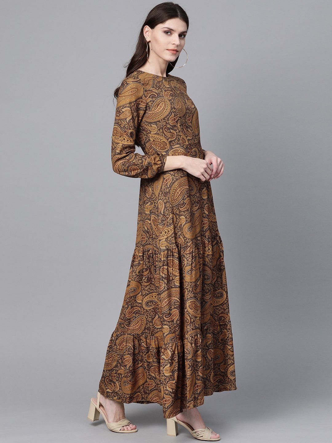 Women's Brown Paisley Tiered Maxi