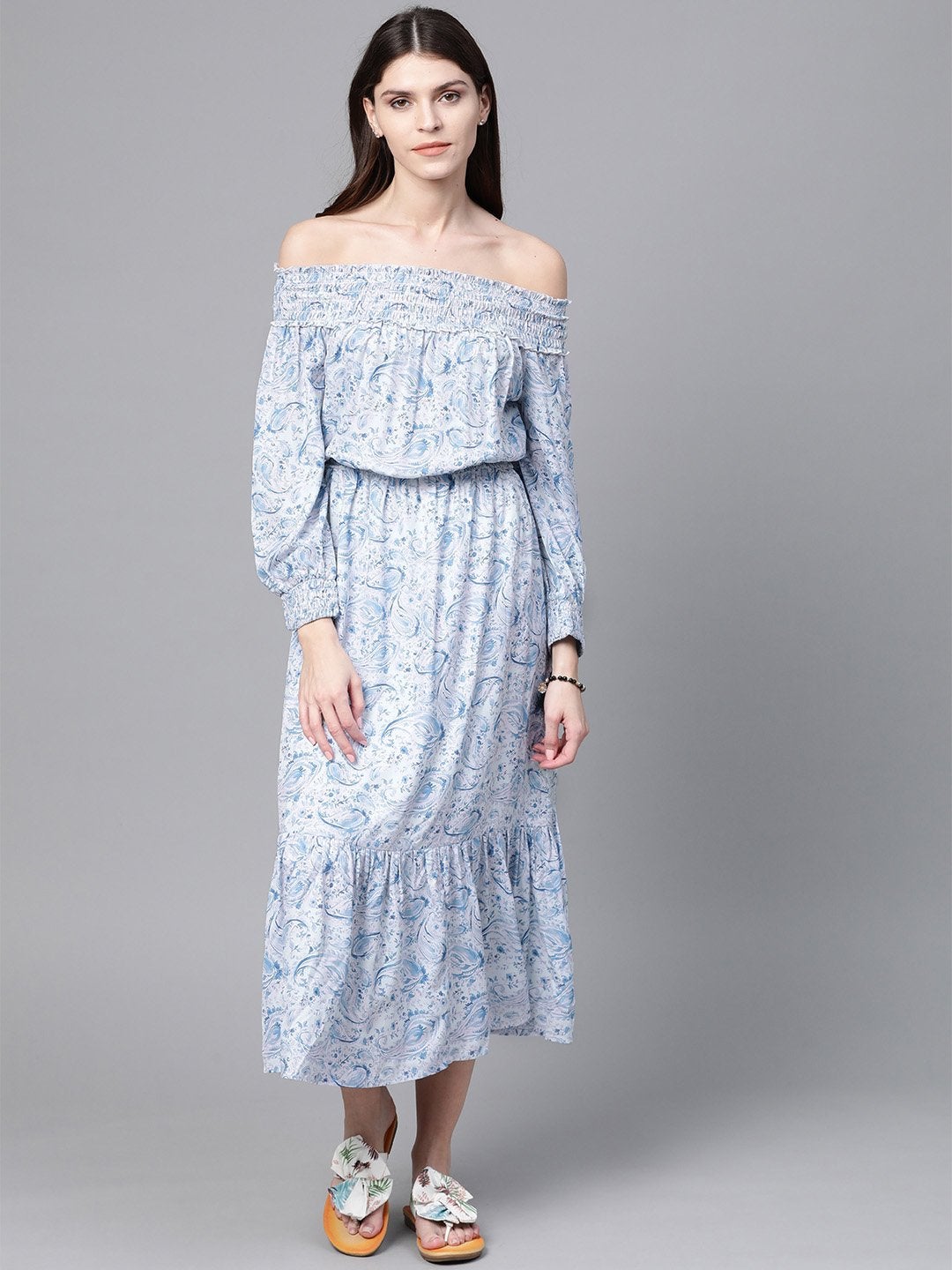 Women's Blue Paisley Smocked Bardot Midi Dress