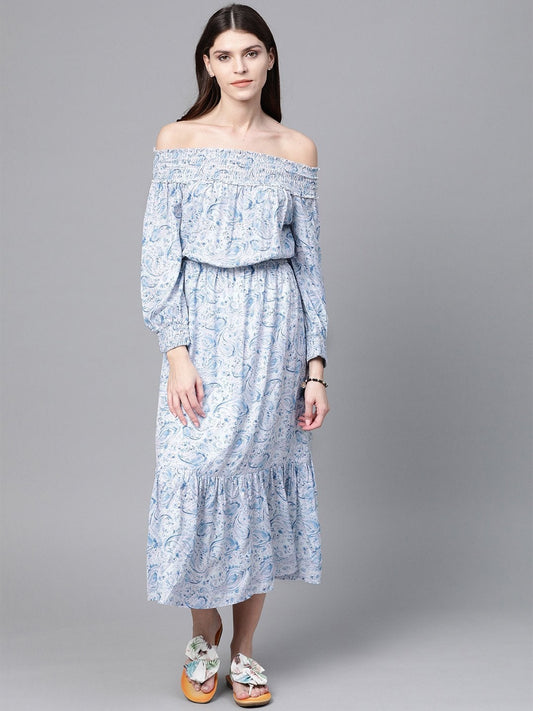 Women's Blue Paisley Smocked Bardot Midi Dress