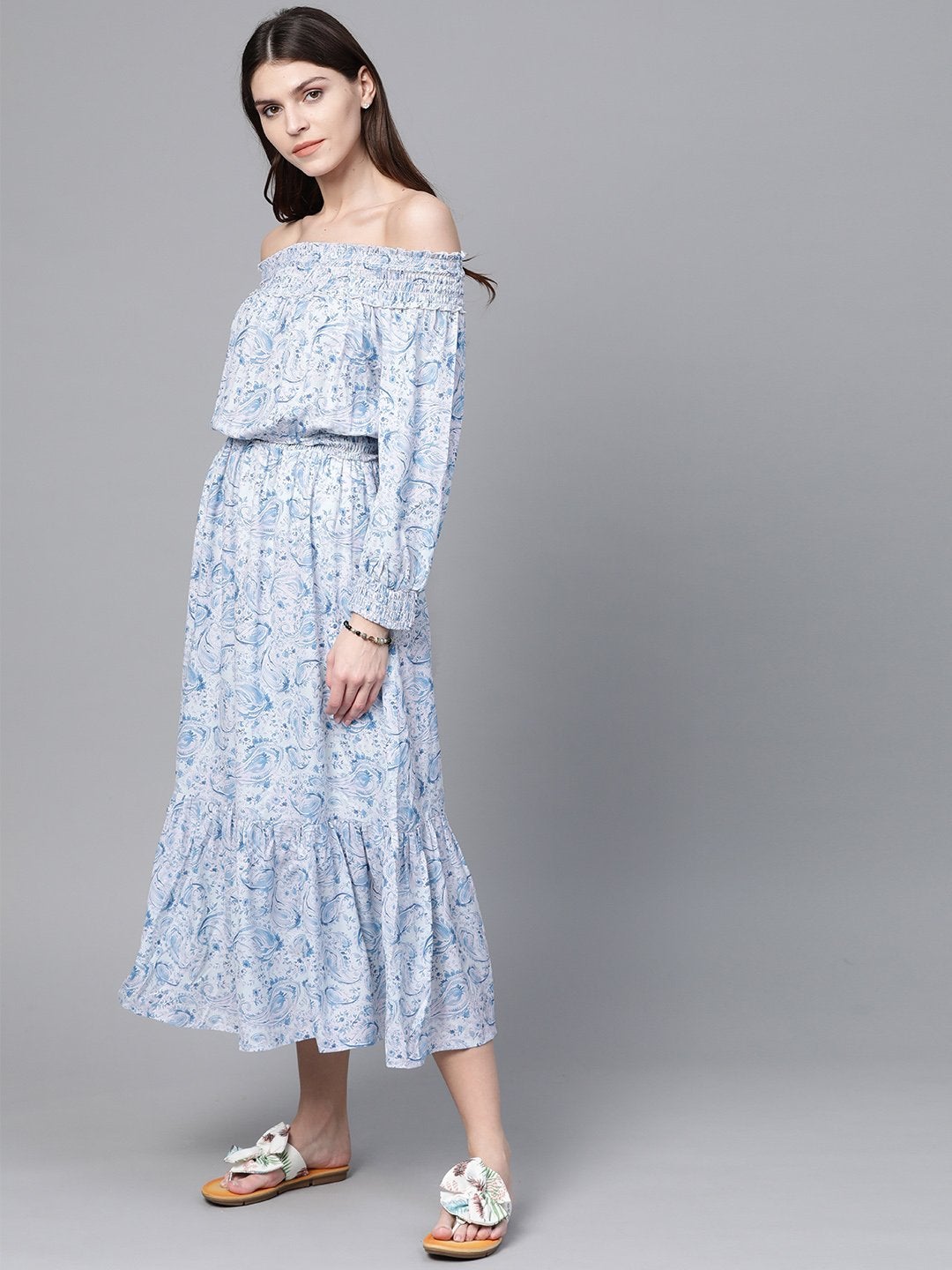 Women's Blue Paisley Smocked Bardot Midi Dress