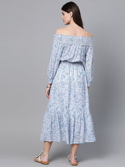 Women's Blue Paisley Smocked Bardot Midi Dress