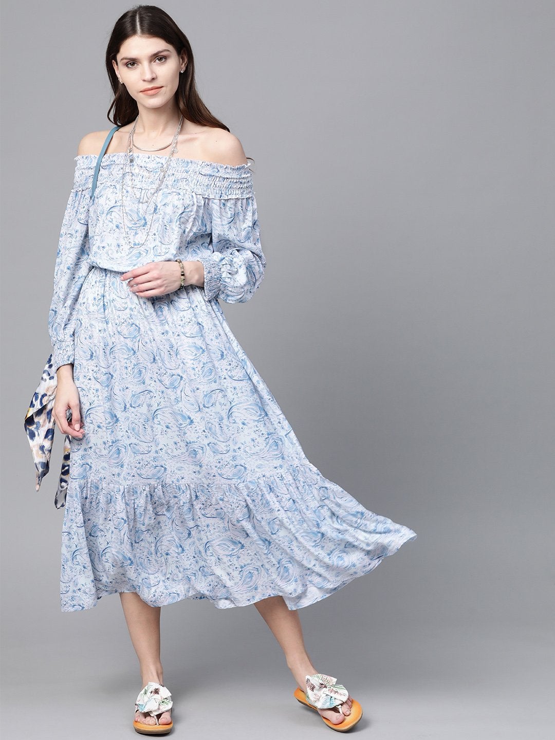 Women's Blue Paisley Smocked Bardot Midi Dress