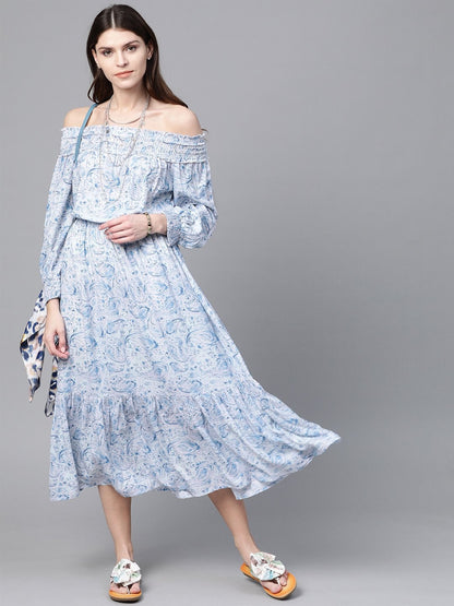 Women's Blue Paisley Smocked Bardot Midi Dress