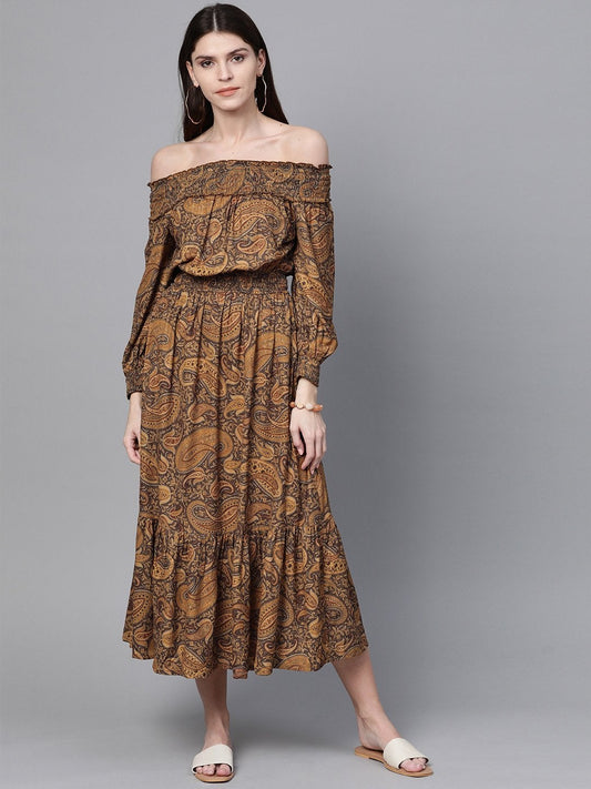 Women's Brown Paisley Smocked Bardot Midi Dress