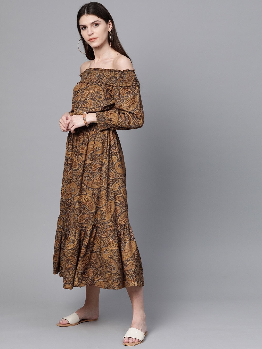 Women's Brown Paisley Smocked Bardot Midi Dress