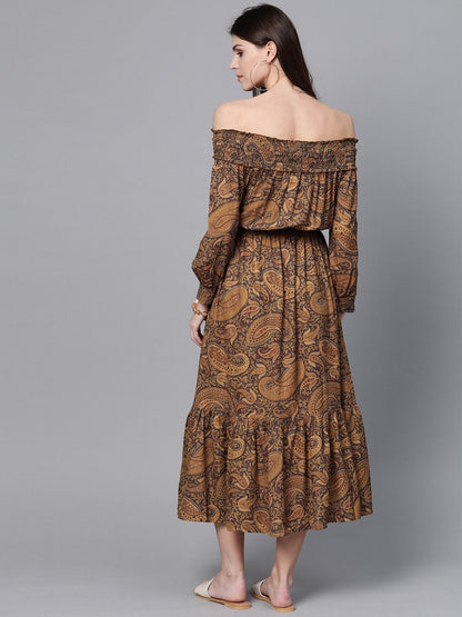 Women's Brown Paisley Smocked Bardot Midi Dress