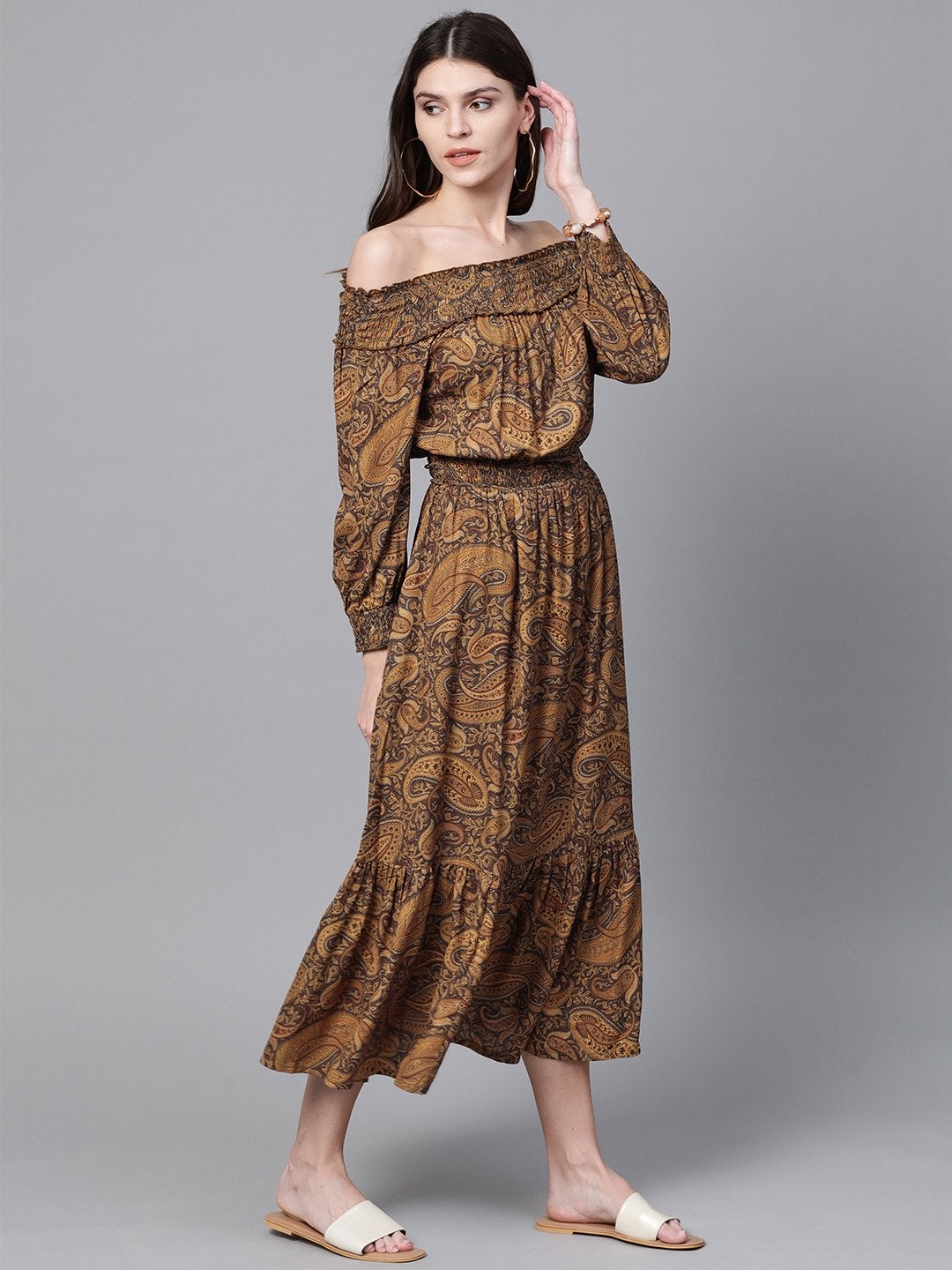Women's Brown Paisley Smocked Bardot Midi Dress