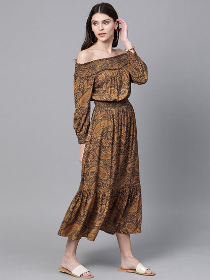 Women's Brown Paisley Smocked Bardot Midi Dress