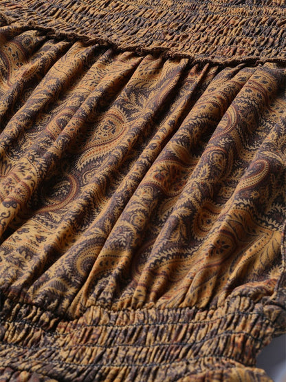 Women's Brown Paisley Smocked Bardot Midi Dress