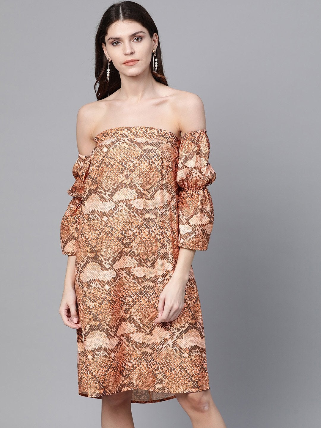Women's Brown Snake Print Bardot Shift Dress