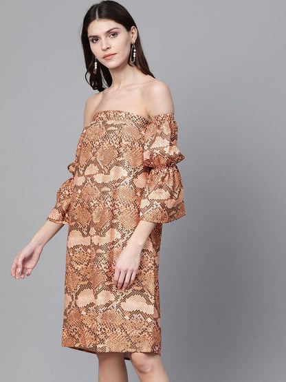 Women's Brown Snake Print Bardot Shift Dress