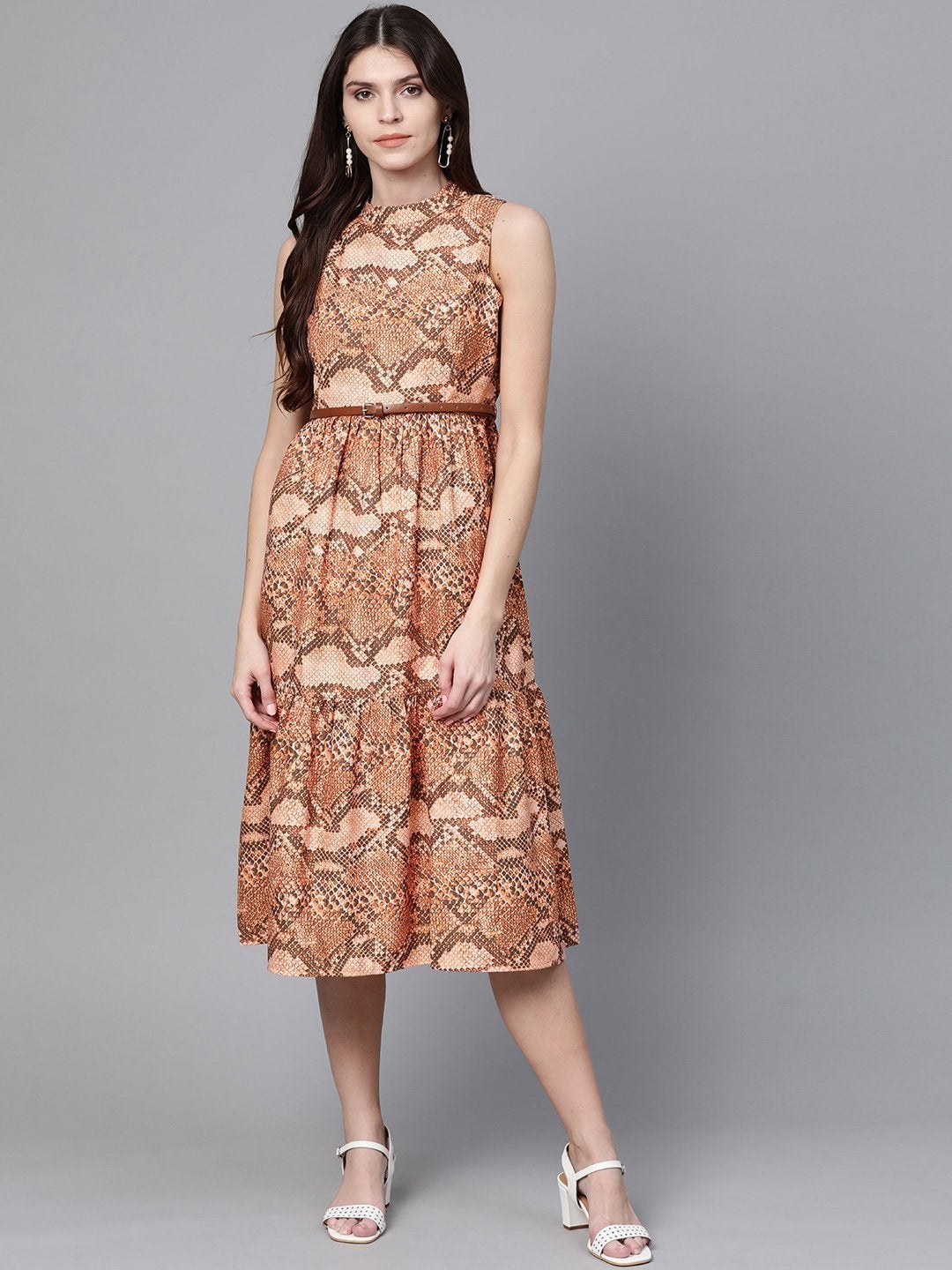 Women's Brown Snake Print Tiered Belted Midi Dress