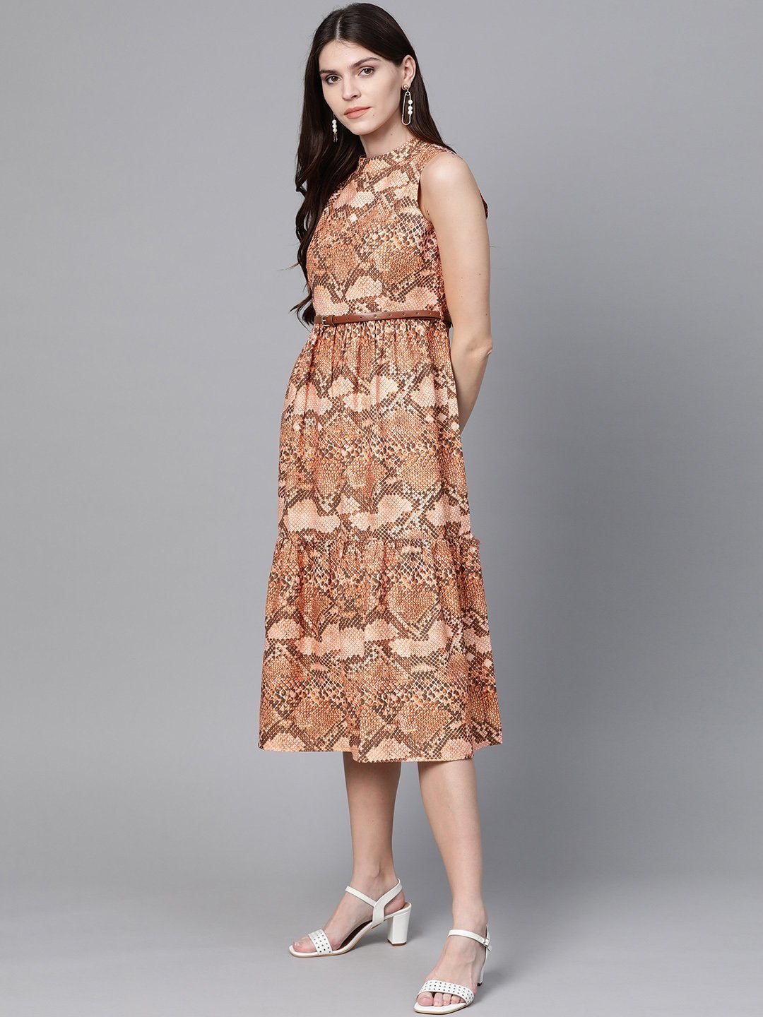 Women's Brown Snake Print Tiered Belted Midi Dress