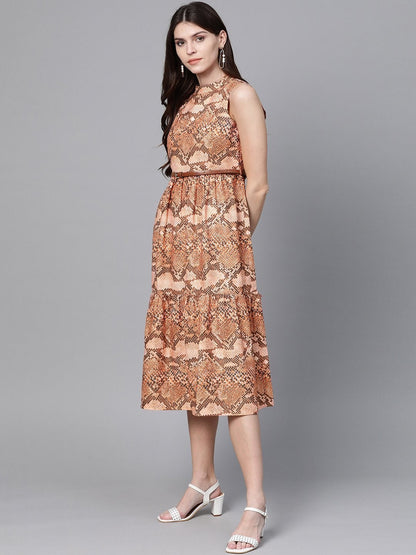 Women's Brown Snake Print Tiered Belted Midi Dress