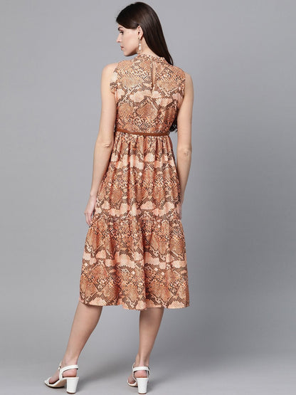 Women's Brown Snake Print Tiered Belted Midi Dress