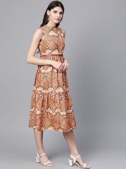 Women's Brown Snake Print Tiered Belted Midi Dress