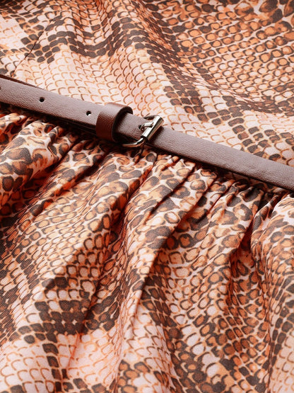 Women's Brown Snake Print Tiered Belted Midi Dress