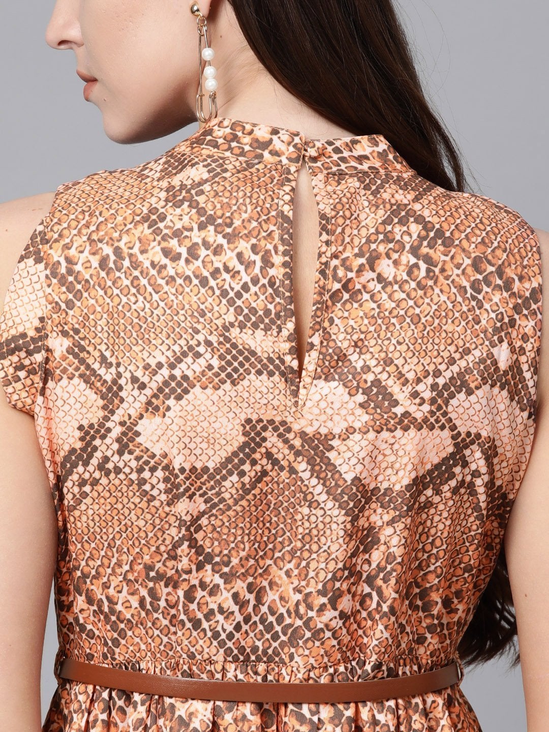 Women's Brown Snake Print Tiered Belted Midi Dress