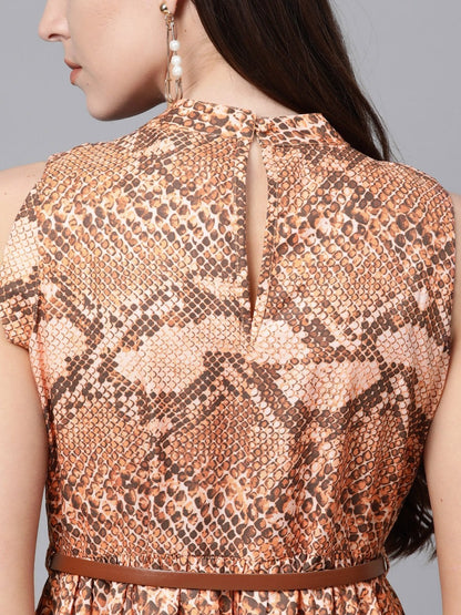 Women's Brown Snake Print Tiered Belted Midi Dress