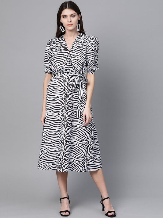 Women's White & Black Zebra Belted Midi