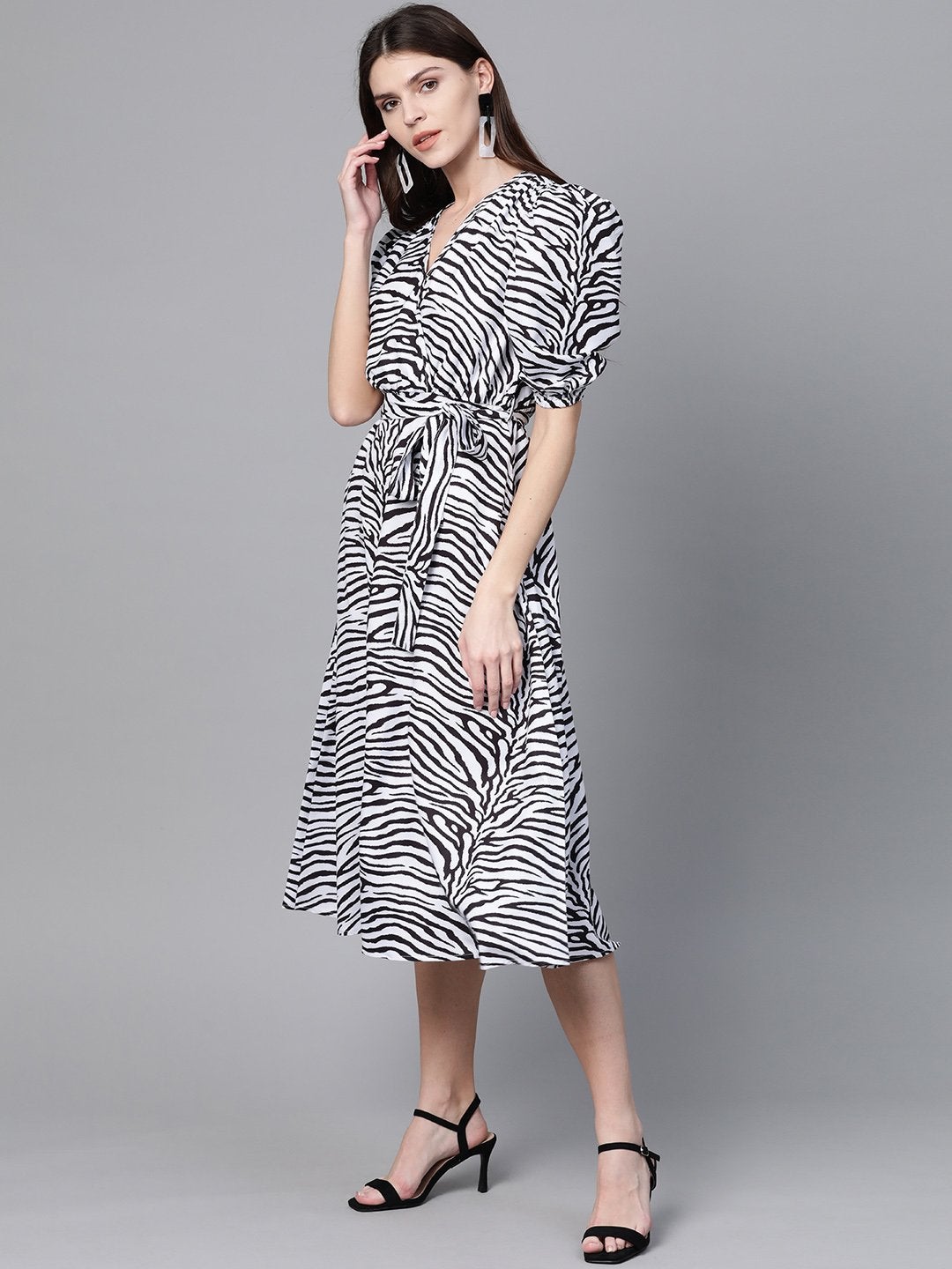 Women's White & Black Zebra Belted Midi