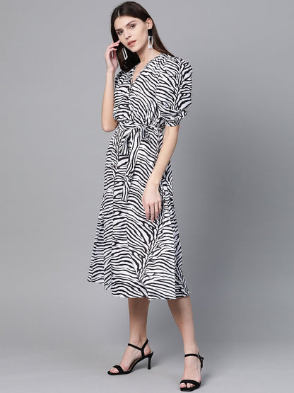 Women's White & Black Zebra Belted Midi