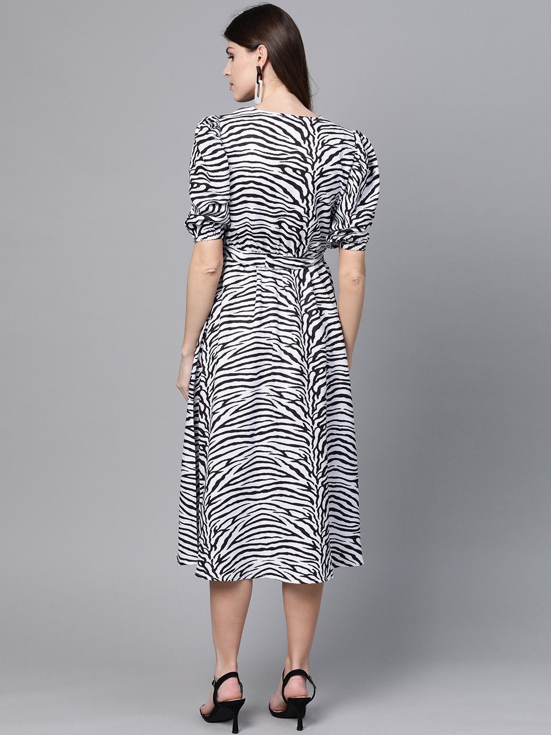 Women's White & Black Zebra Belted Midi