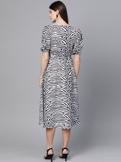 Women's White & Black Zebra Belted Midi