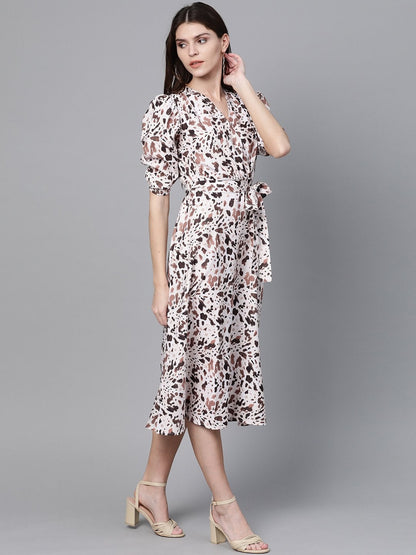 Women's Off White Leopard Belted Midi