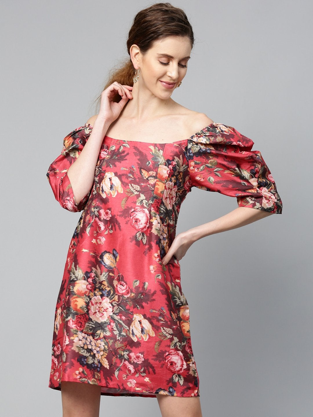 Women's Red Floral Puff Sleeve Shift Dress