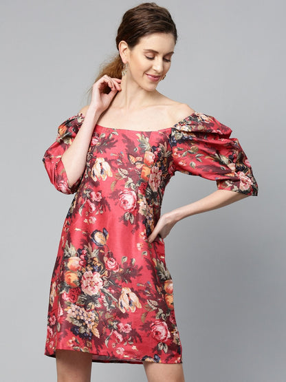 Women's Red Floral Puff Sleeve Shift Dress