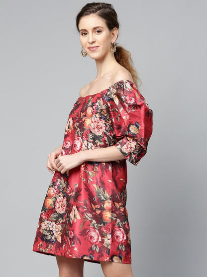 Women's Red Floral Puff Sleeve Shift Dress