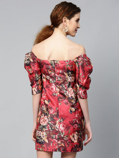 Women's Red Floral Puff Sleeve Shift Dress
