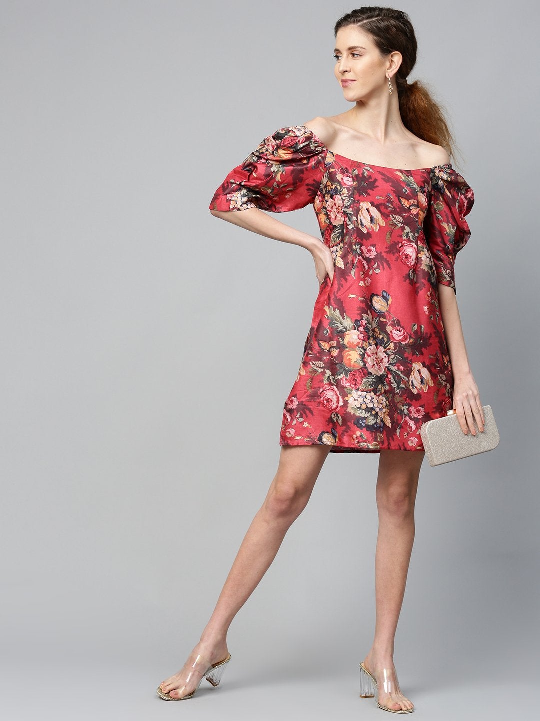 Women's Red Floral Puff Sleeve Shift Dress