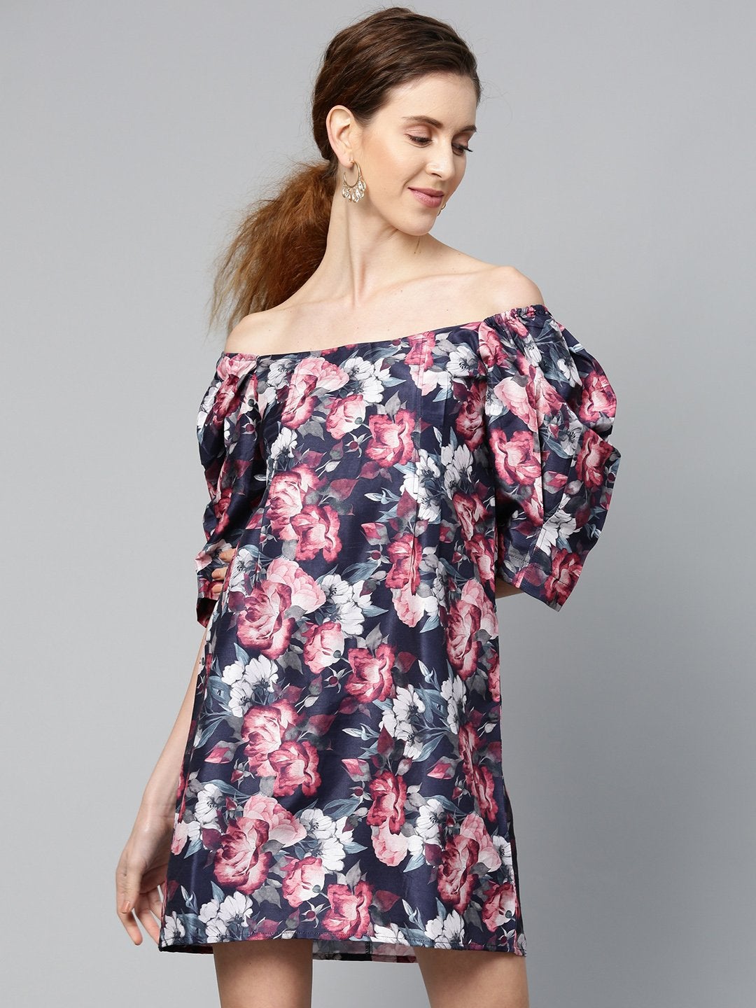 Women's Navy Floral Puff Sleeve Shift Dress
