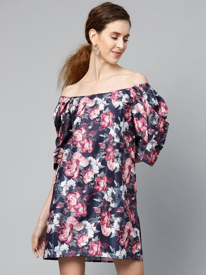 Women's Navy Floral Puff Sleeve Shift Dress