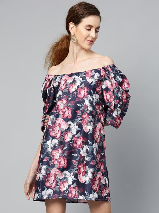 Women's Navy Floral Puff Sleeve Shift Dress