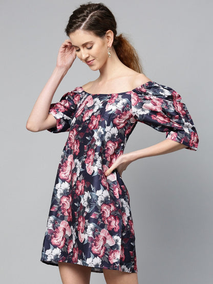Women's Navy Floral Puff Sleeve Shift Dress