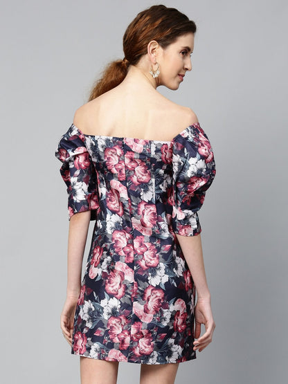 Women's Navy Floral Puff Sleeve Shift Dress