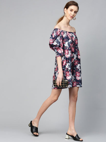 Women's Navy Floral Puff Sleeve Shift Dress