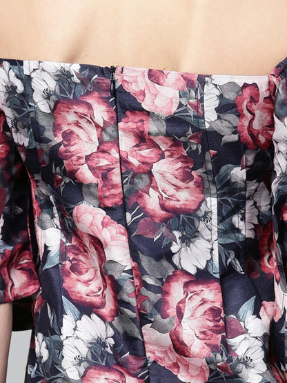 Women's Navy Floral Puff Sleeve Shift Dress