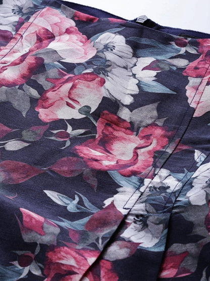 Women's Navy Floral Puff Sleeve Shift Dress