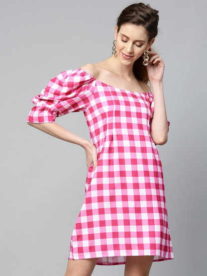 Women's Fushsia & White Check Puff Sleeve Shift Dress