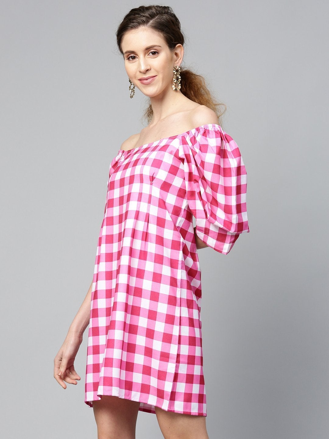 Women's Fushsia & White Check Puff Sleeve Shift Dress