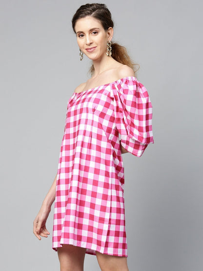 Women's Fushsia & White Check Puff Sleeve Shift Dress