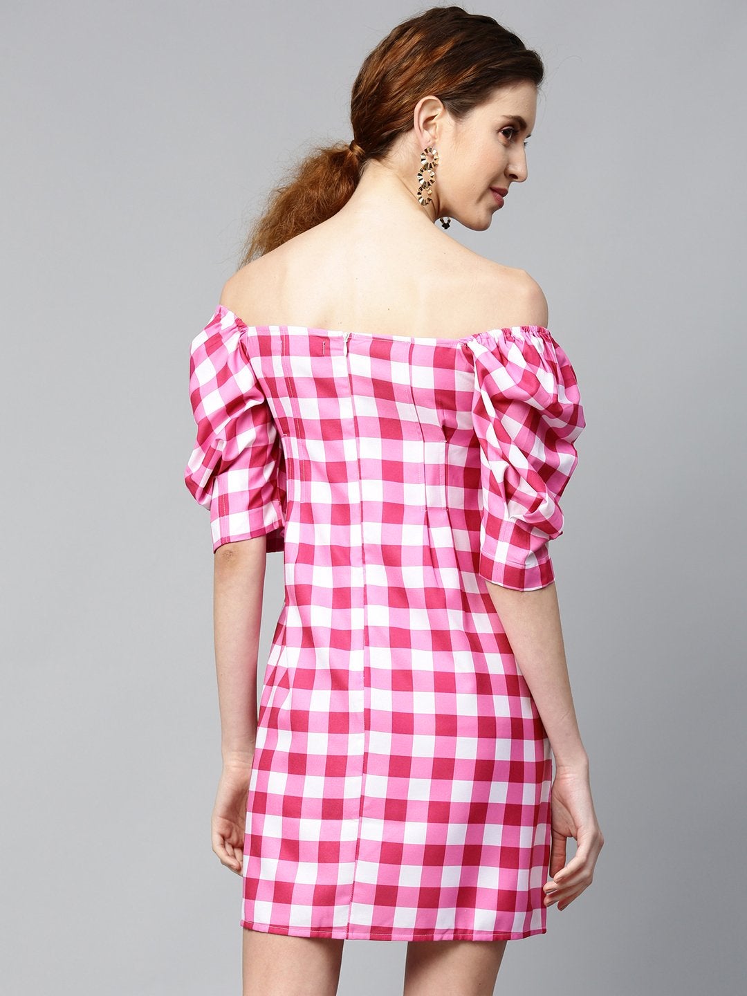 Women's Fushsia & White Check Puff Sleeve Shift Dress