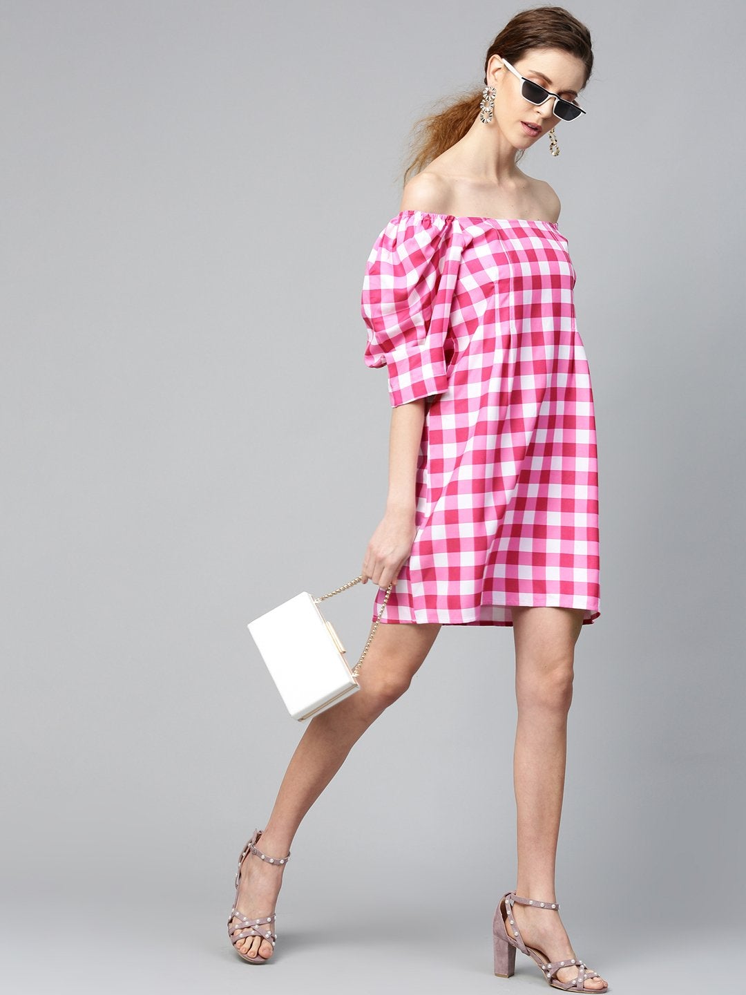 Women's Fushsia & White Check Puff Sleeve Shift Dress