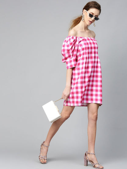 Women's Fushsia & White Check Puff Sleeve Shift Dress